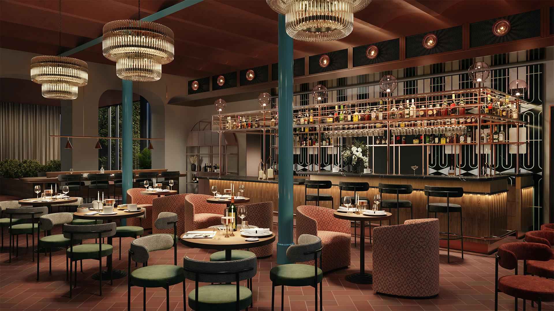 Das Restaurant des Ad Astra by Elite in Stockholm mit seinen roten und braunen Fliesen und modernen Kornleuchtern sowie einer Bar an welcher Barhocker gereiht sind.