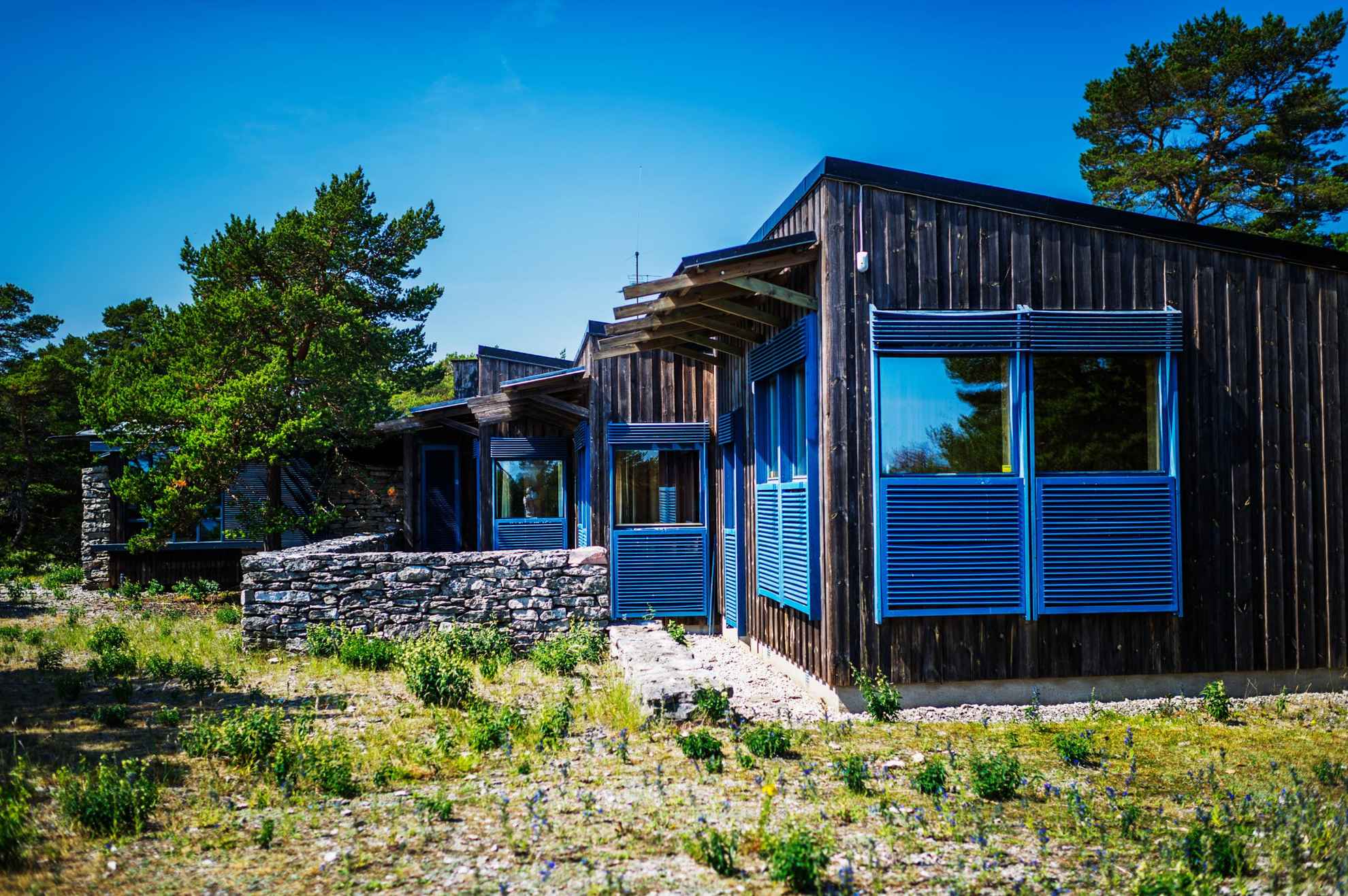 Ingmar Bergmans Haus, ein einstöckiges Gebäude mit vielen Fenstern und blauen Fensterläden. Es sitzt in einer ländlichen Umgebung.