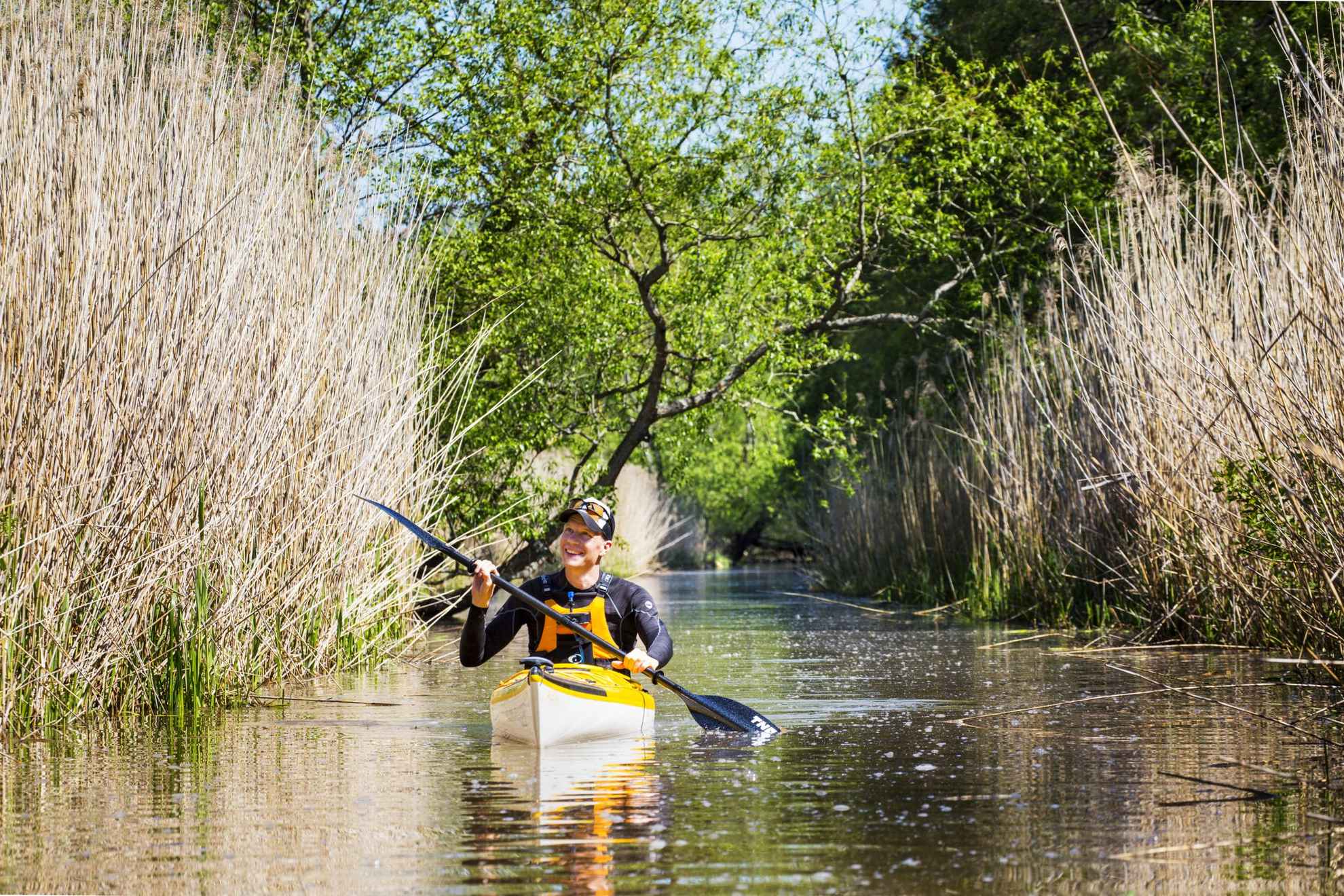 Ein Mann fährt Kajak in einem Fluss. Es gibt Schilf und Bäume auf jeder Seite des Wassers.