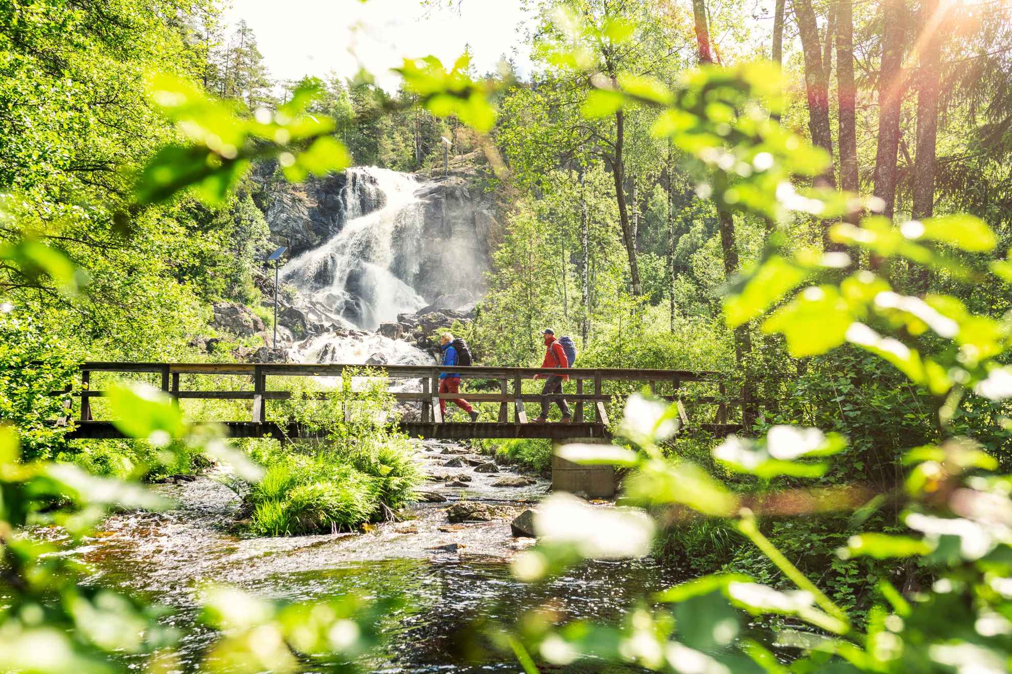 Zwei Menschen gehen über eine Holzbrücke in einem Wald. Im Hintergrund ist ein Wasserfall.