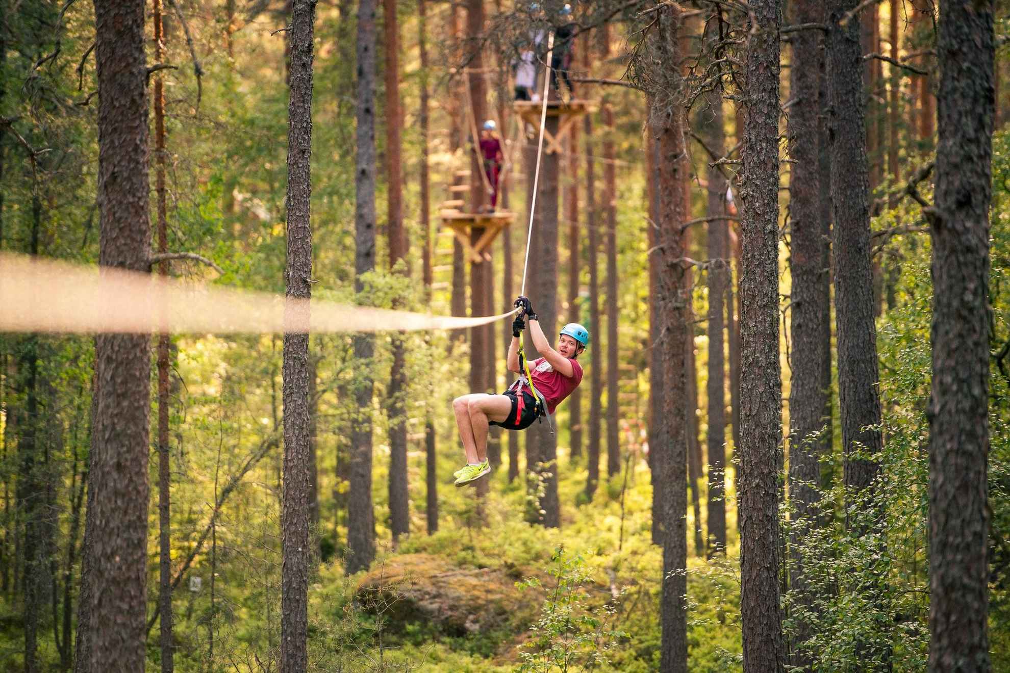 Ein Mann schwebt an einer Zipline durch einen Wald. Kiefern sind auf jeder Seite der Seilrutsche.