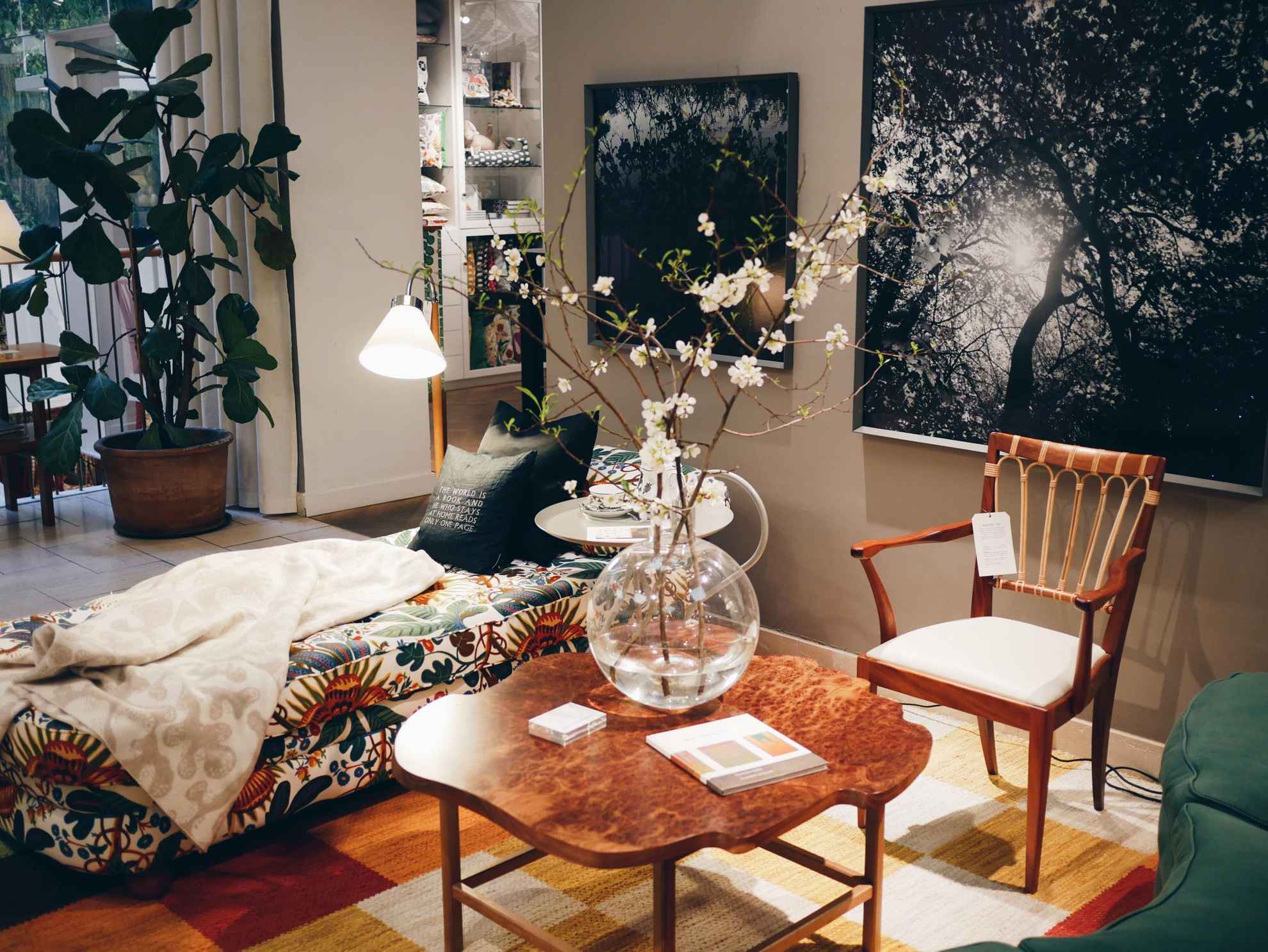 Auf einem Holztisch eine große Glasvase mit einigen Zweigen mit weißen Blumen. Neben einem Sofa mit Muster, einem Stuhl und zwei großen Bildern im Designshop Svenskt Tenn.