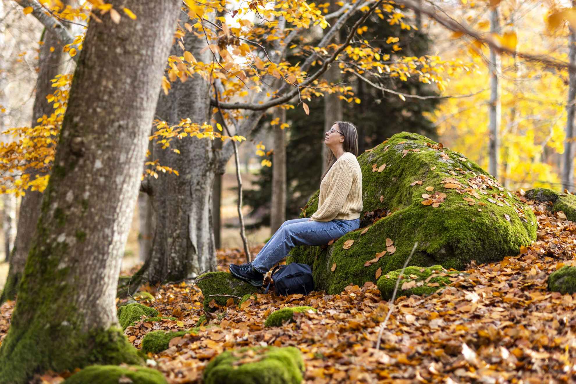 Eine Frau sitzt auf einem Felsen in einem Wald. Der Boden ist mit Herbstblättern bedeckt.