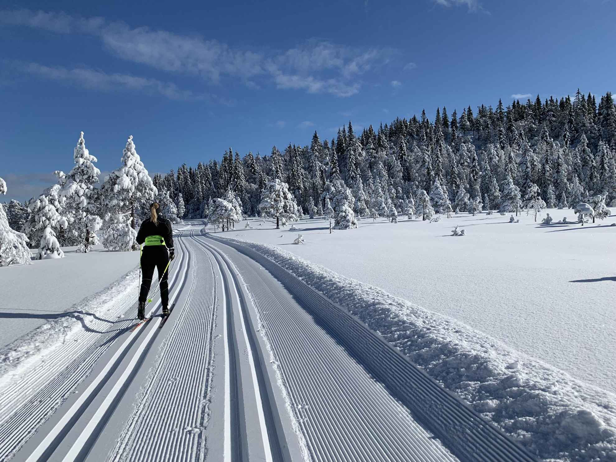 Eine Frau fährt Langlauf in präparierten Loipen im Schnee durch die Landschaft.