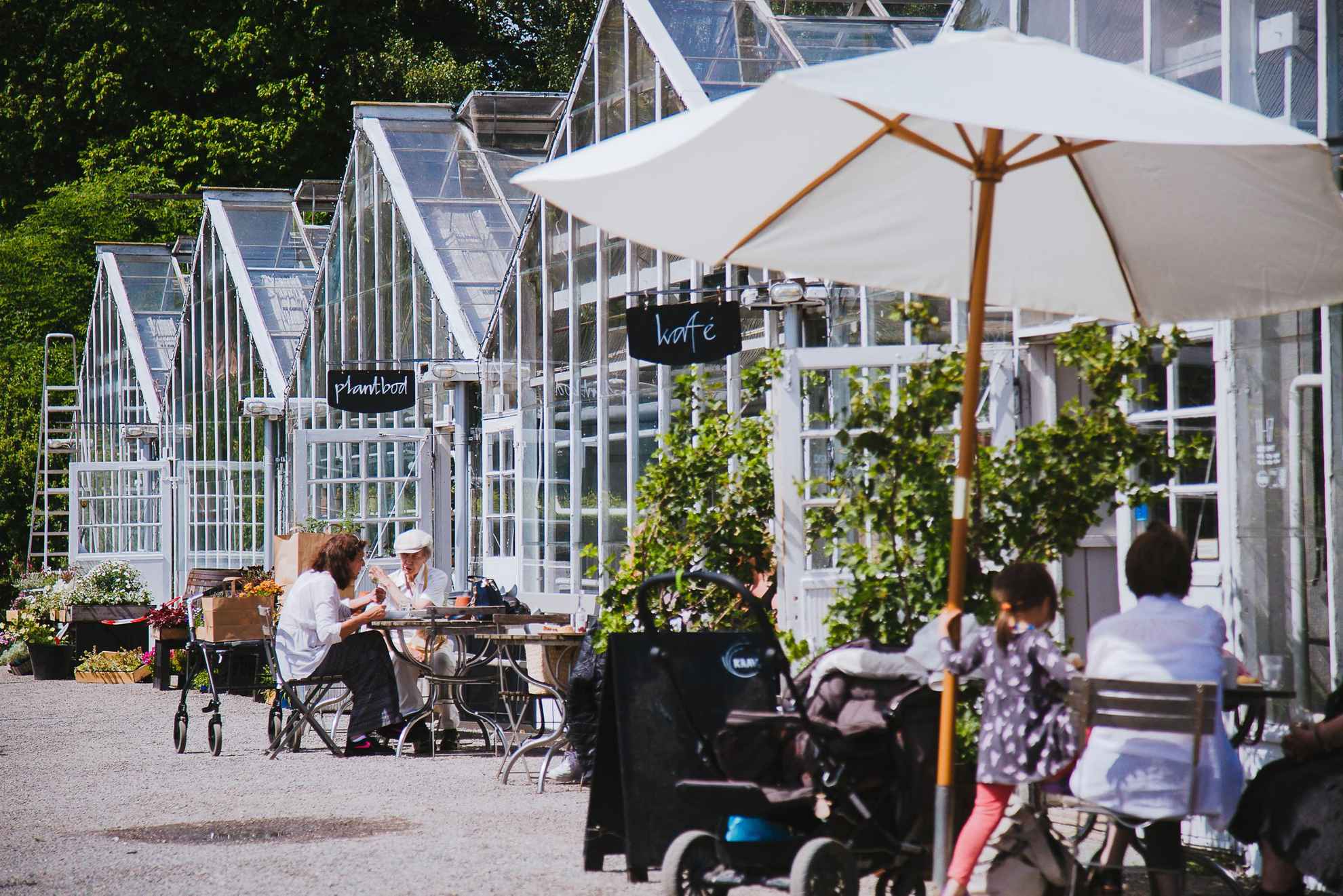 Die Gäste des Rosendals Garden in Stockholm sitzen bei sonnigem Wetter im Außenbereich des Cafes.