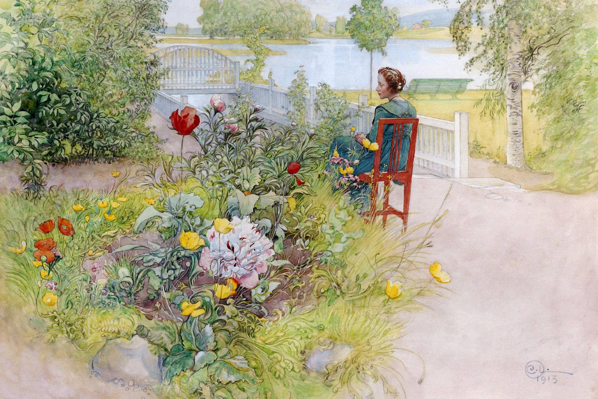 Zeichnung eines Gartens mit  Pflanzen und Blumen und Gehwegen, auf dem eine Frau auf einem Stuhl sitzt. Im Hintergrund ein See.