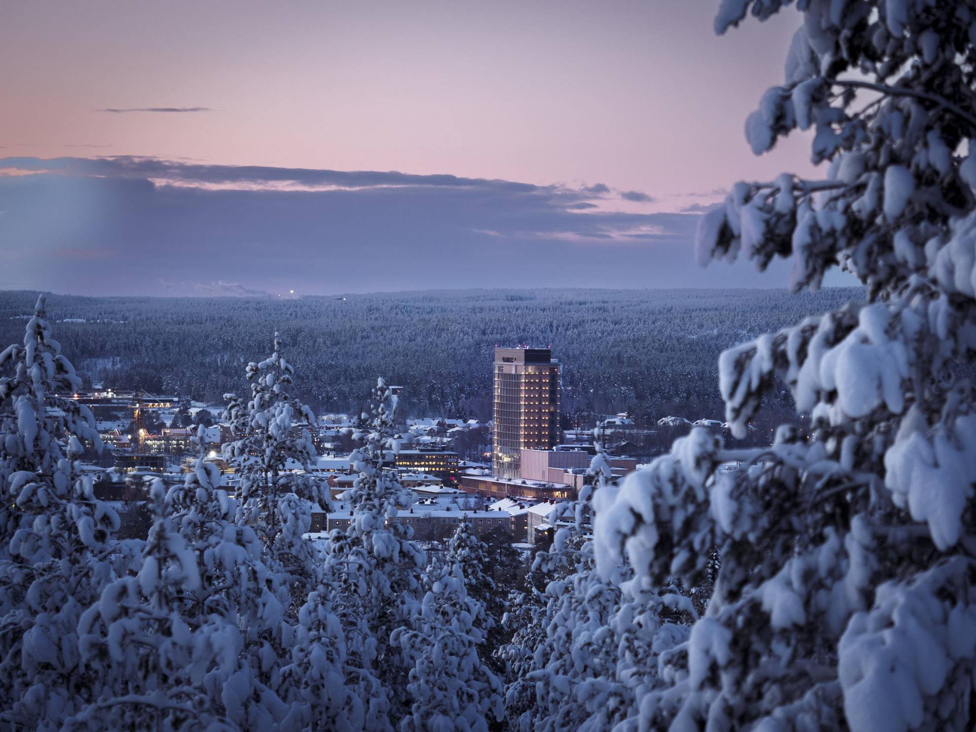 Eine schneebedeckte Stadt, umgeben von Bäumen, ist von weitem zu sehen. Das Wood Hotel ist das höchste Gebäude der Stadt.