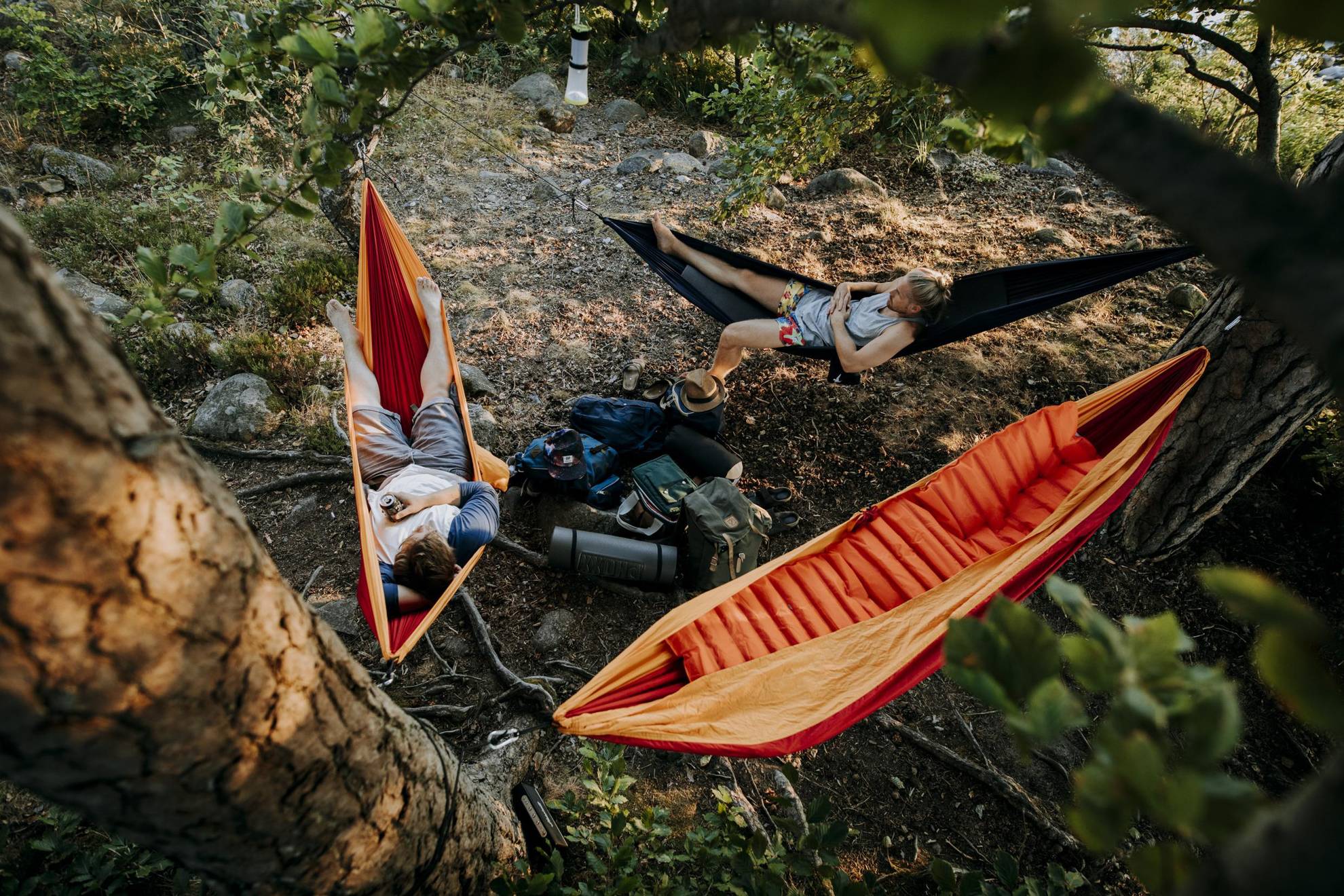 Drei Personen haben ihre Hängematte an Bäumen im Wald befestigt und entspannen an einem Sommertag in Schweden.
