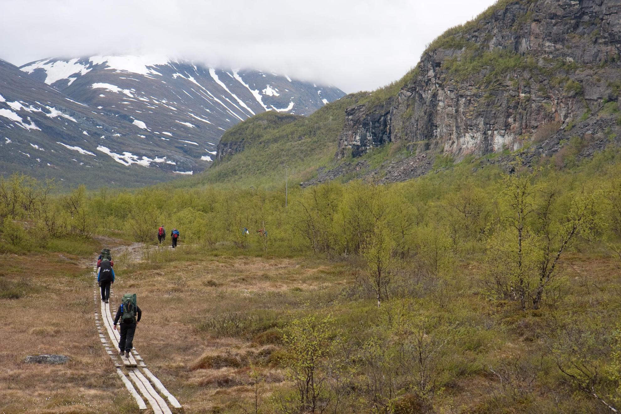 Wanderer folgen einem Steg in einem Tal in der Nähe des Kebnekaise in Schweden.