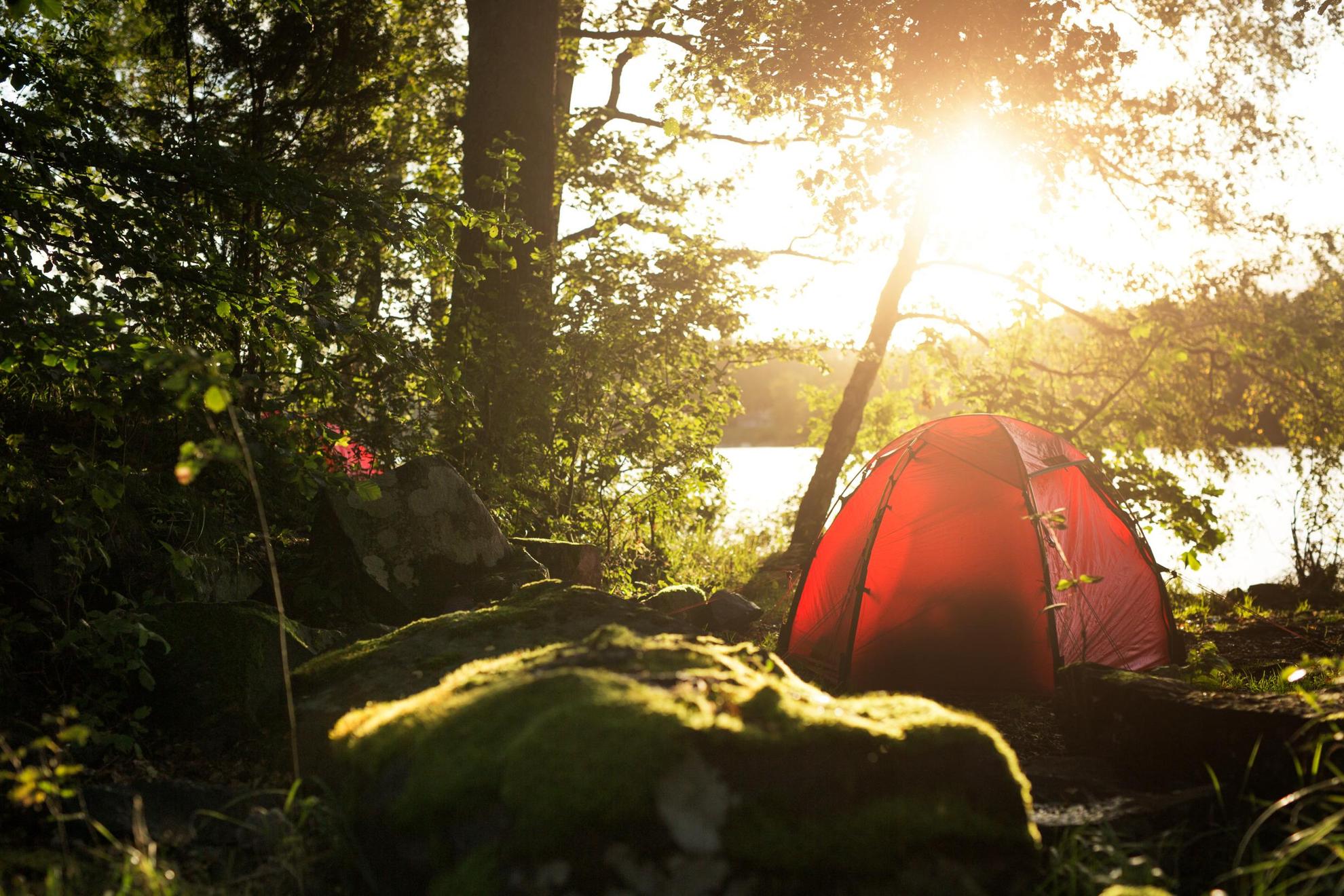 Am bewaldeten Ufer eines Sees steht ein rotes Iglu-Zelt