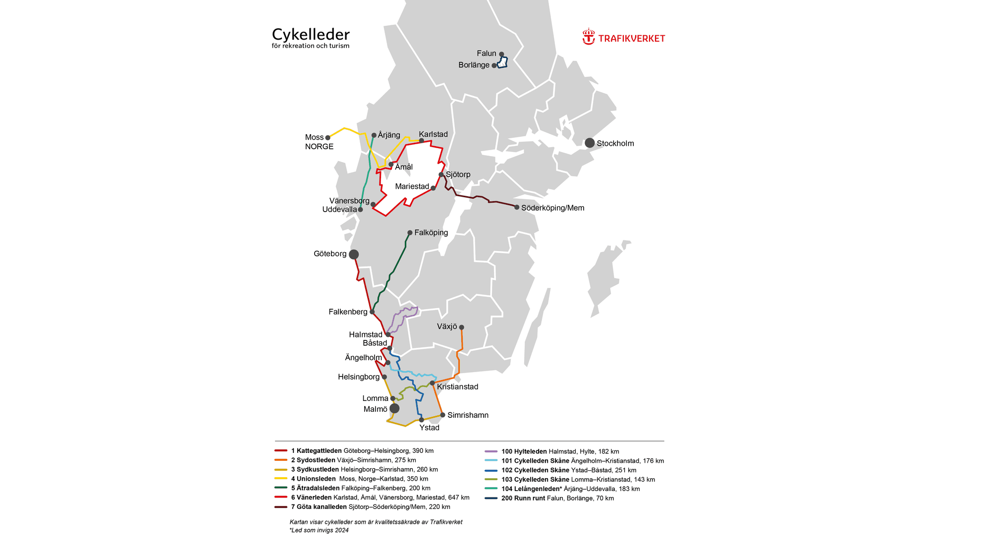 Das Bild zeigt die nationalen und regionalen Radwege in Schweden auf einer Schwedenkarte.