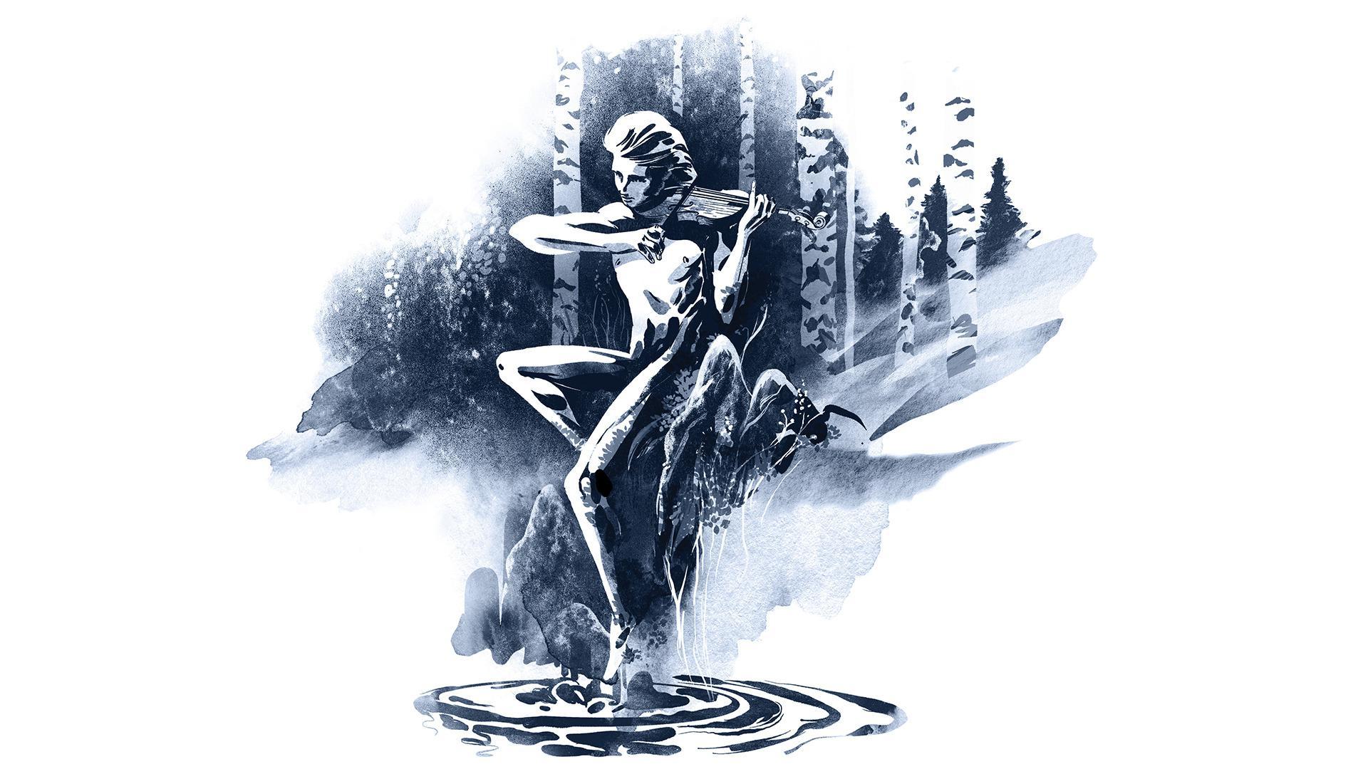 Zeichnung eines nackten jungen Manners an einem Ufer, der Geige spielt. Birken im Hintergrund..
