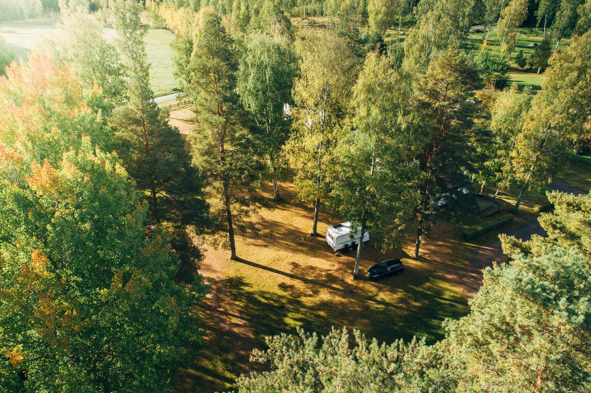 Luftaufnahme eines Wohnwagens und eines Autos auf einem Campingplatz in einem Wald.