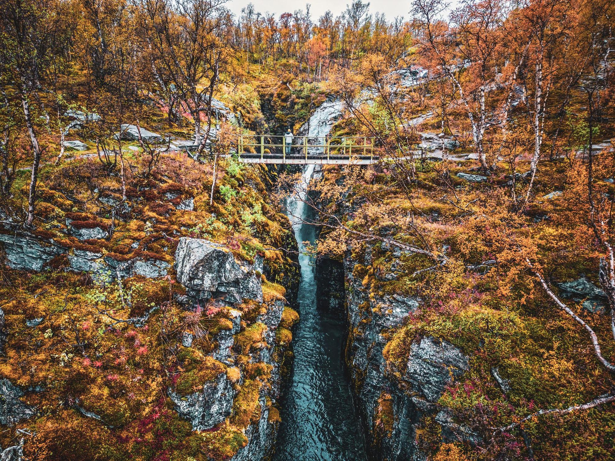 Eine Person steht auf einer kleinen Brücke vor dem brausenden Wasserfall. Der Wasserfall ist von bunten Bäumen umgeben.