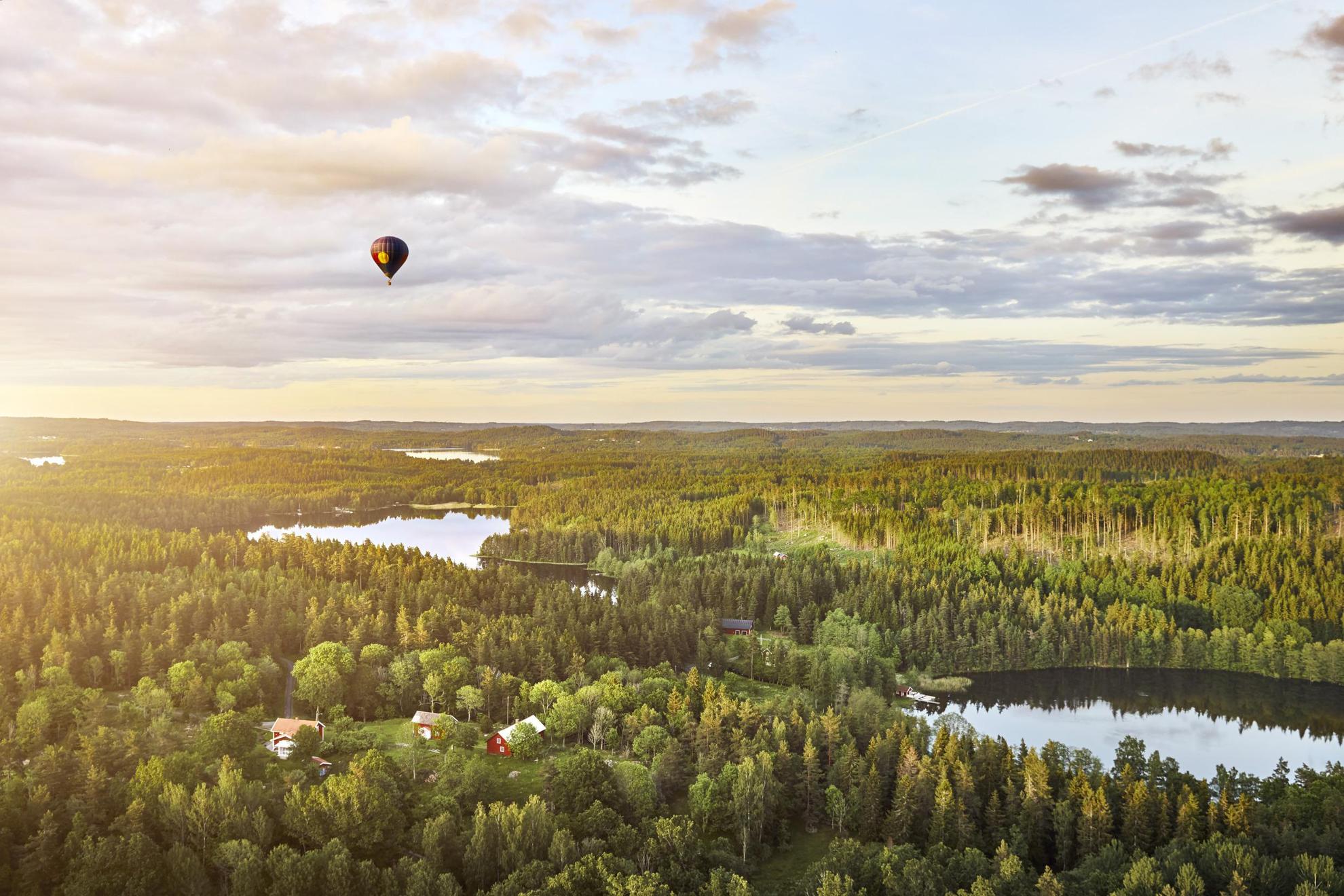 Ein Heißluftballon fliegt über die üppigen Wälder von Småland.