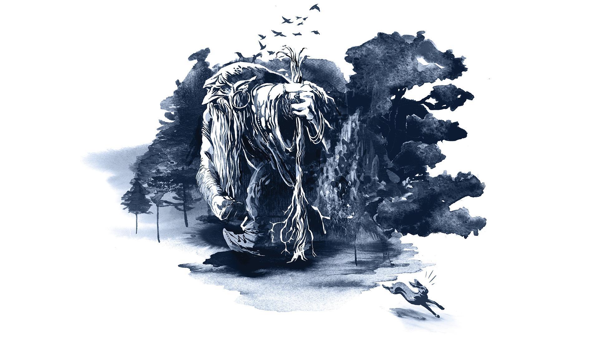 Zechnung eines Trolls in gebückter Haltung, mit langem Bart und einer Art Wanderstab in der Hand. Von Bäumen umgeben, ein Hase rennt davon.