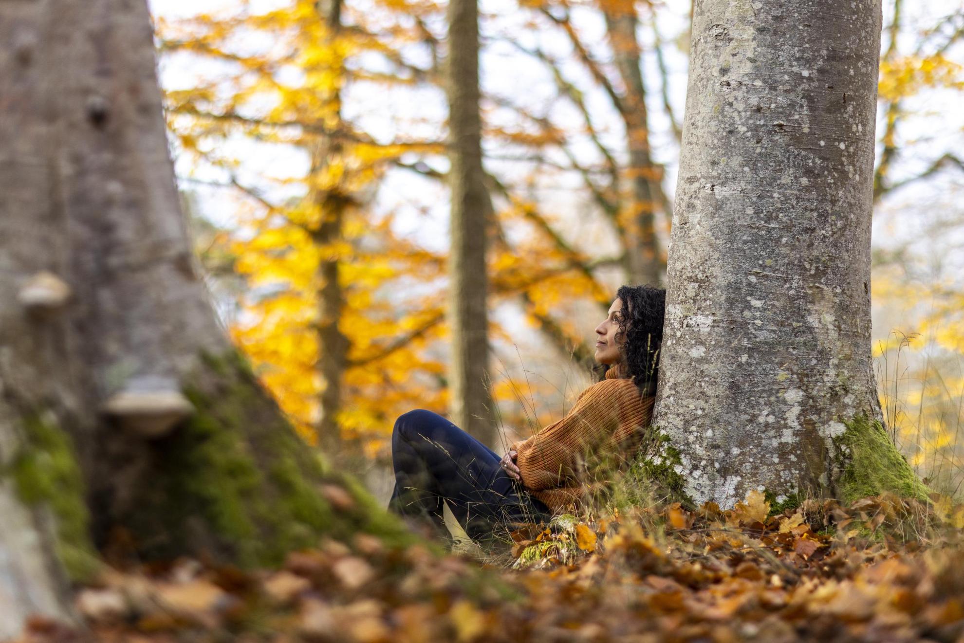 Eine Frau sitzt in einem Wald und lehnt sich im Herbst an einen Baum.