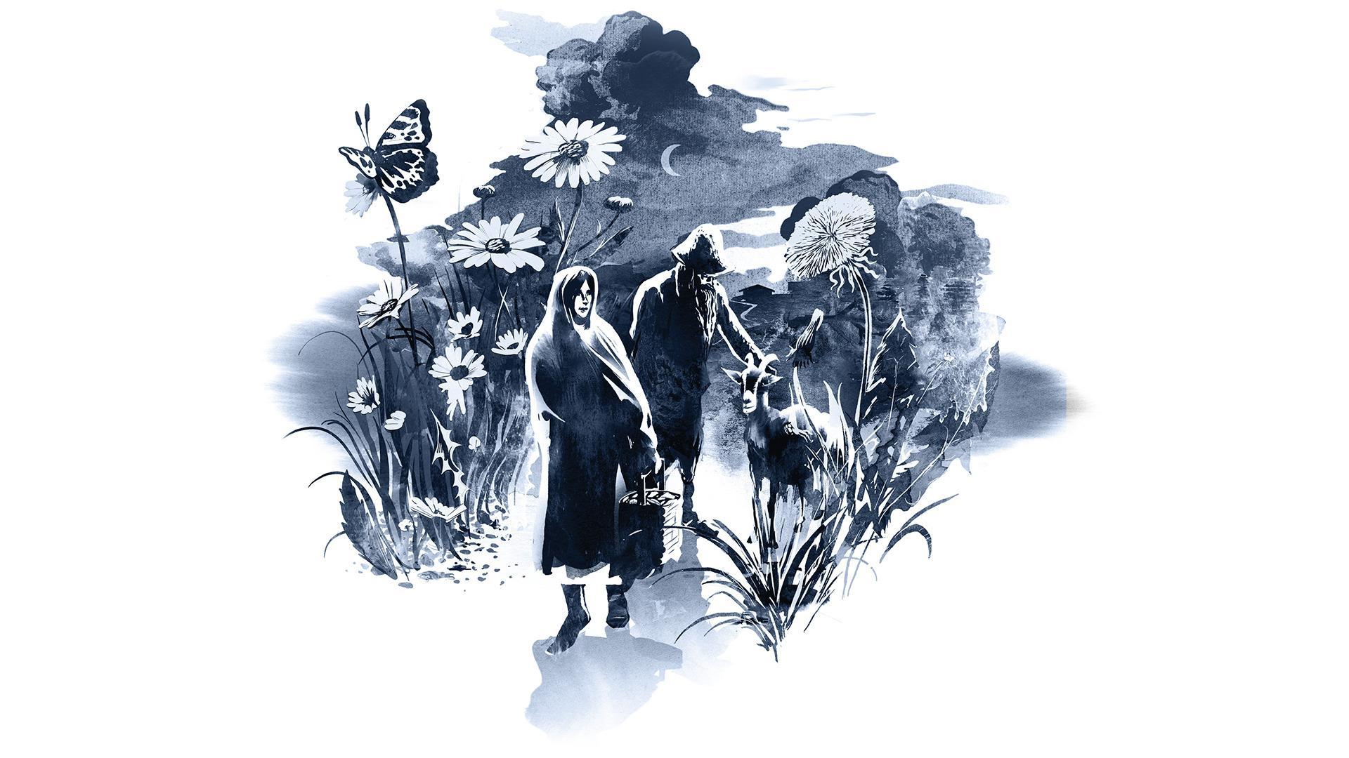 Eine Zeichnung einer Frau mit  Tuch und eines Mannes mit Hut, neben ihnen ein Hirsch. Sie sind so groß wie die Blumen der Wiese, durch die sie gehen.