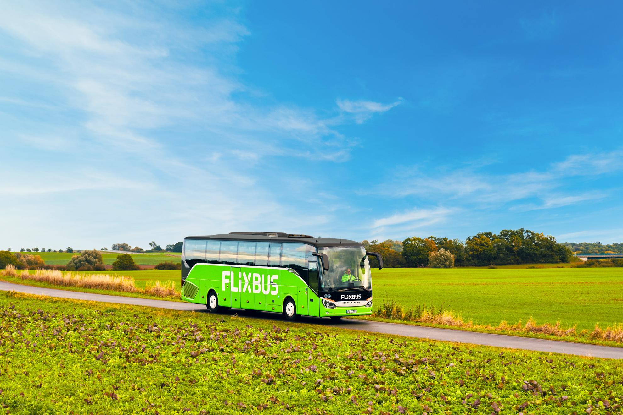 Ein grüner Flixbus fährt zwischen blühenden Wiesen.
