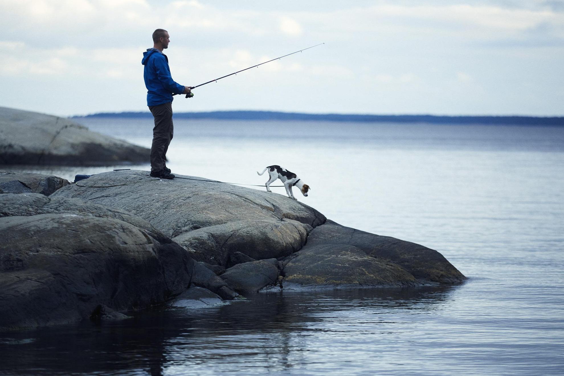 Eine Person angelt am Meer. Ein Hund steht auf dem Felsen daneben.