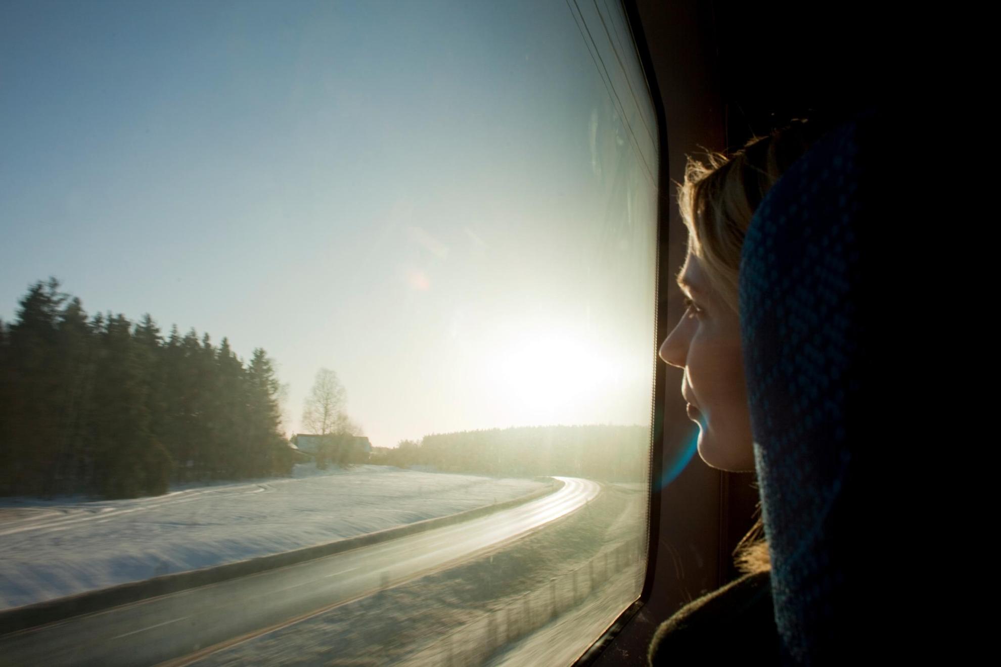 A woman looking at a snowy forest landscape through a train window.