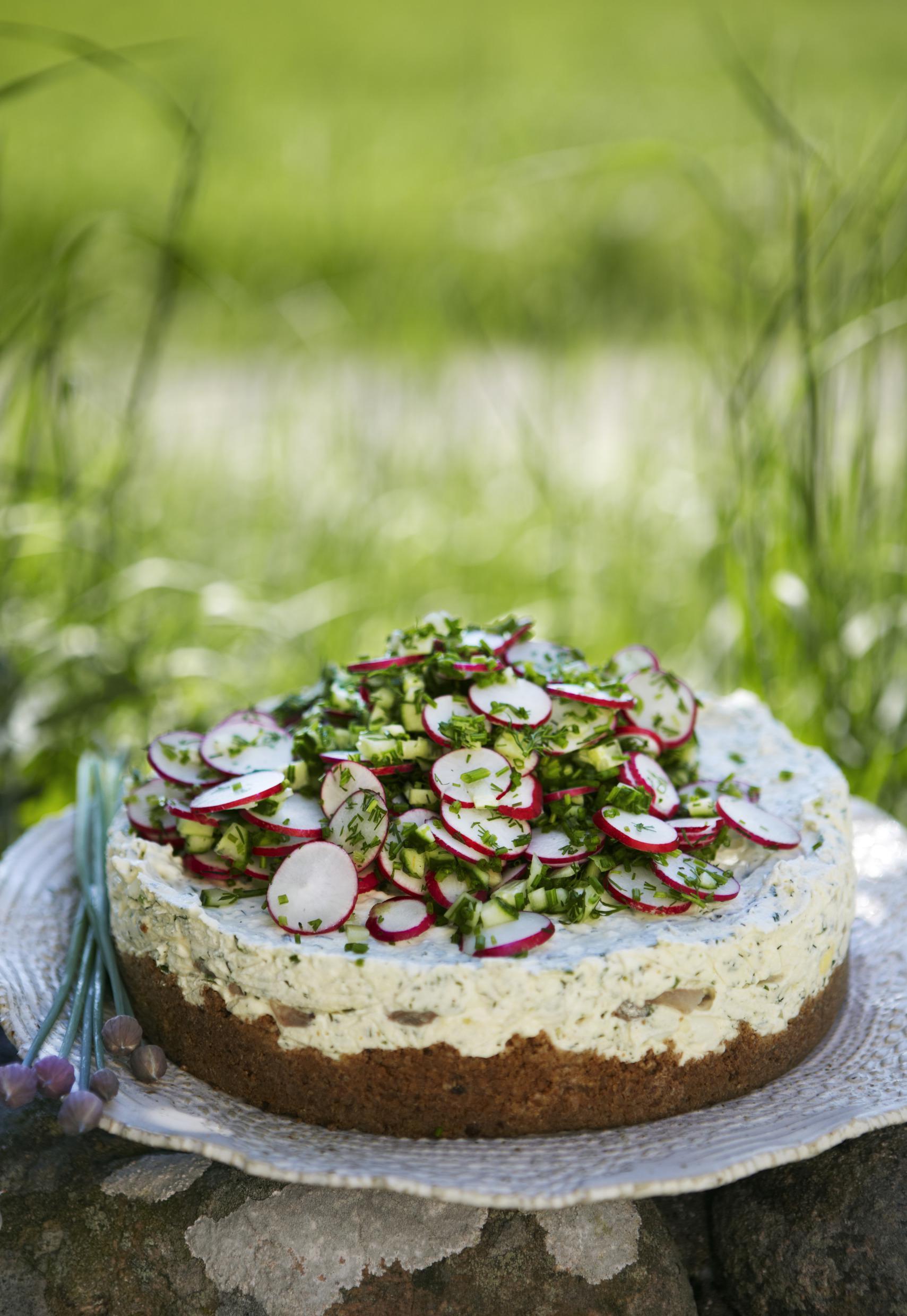 A sandwich cake covered in slices of radishes, presented on a plate in the outdoors.